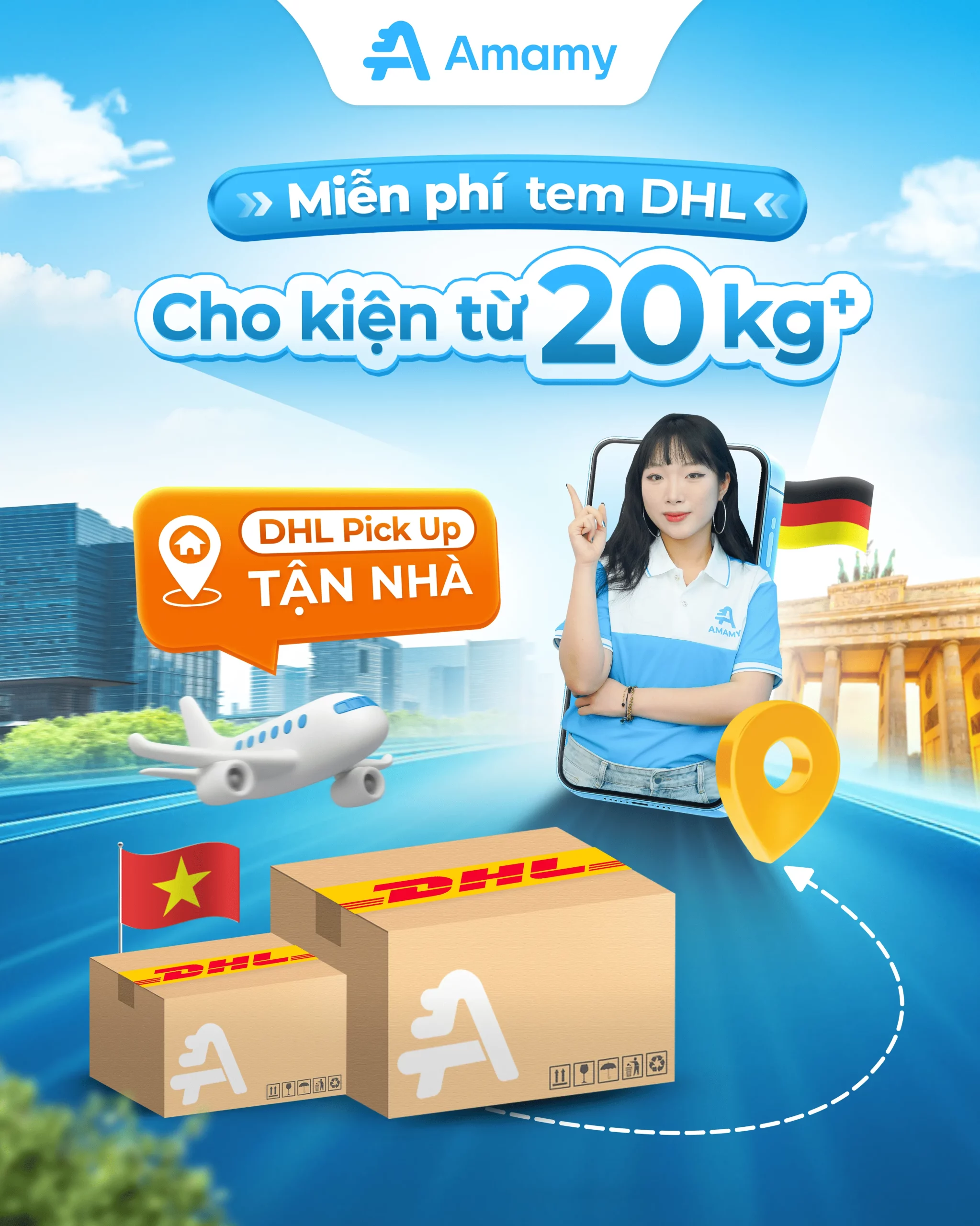 Miễn phí tem DHL cho kiện 20kg+